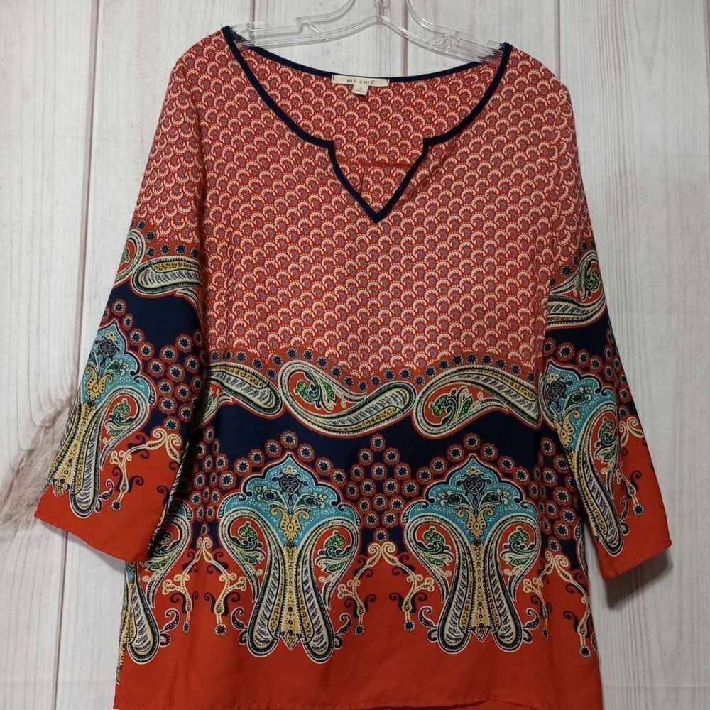 Miami Women Orange Navy Paisley Print V-Neck 3/4 Sleeve Blouse Top Size L USA